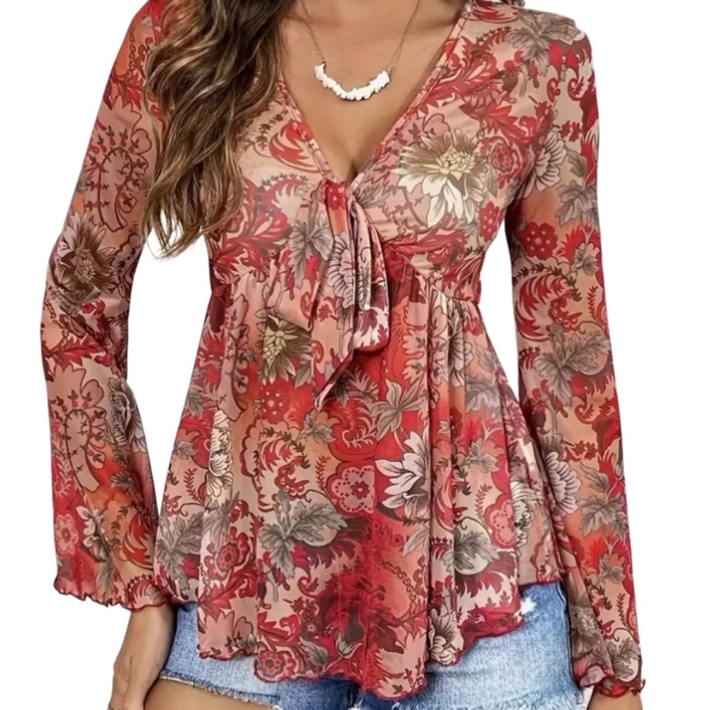 Boho V-Neck Flared Long Sleeve Paisley Top